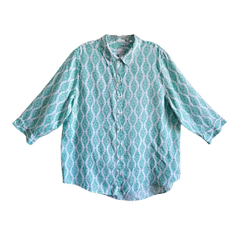 CHICO'S 3 Women XL Linen Tunic Blouse Button Up Teal White Medallion Coastal 44" - Picture 2 of 8